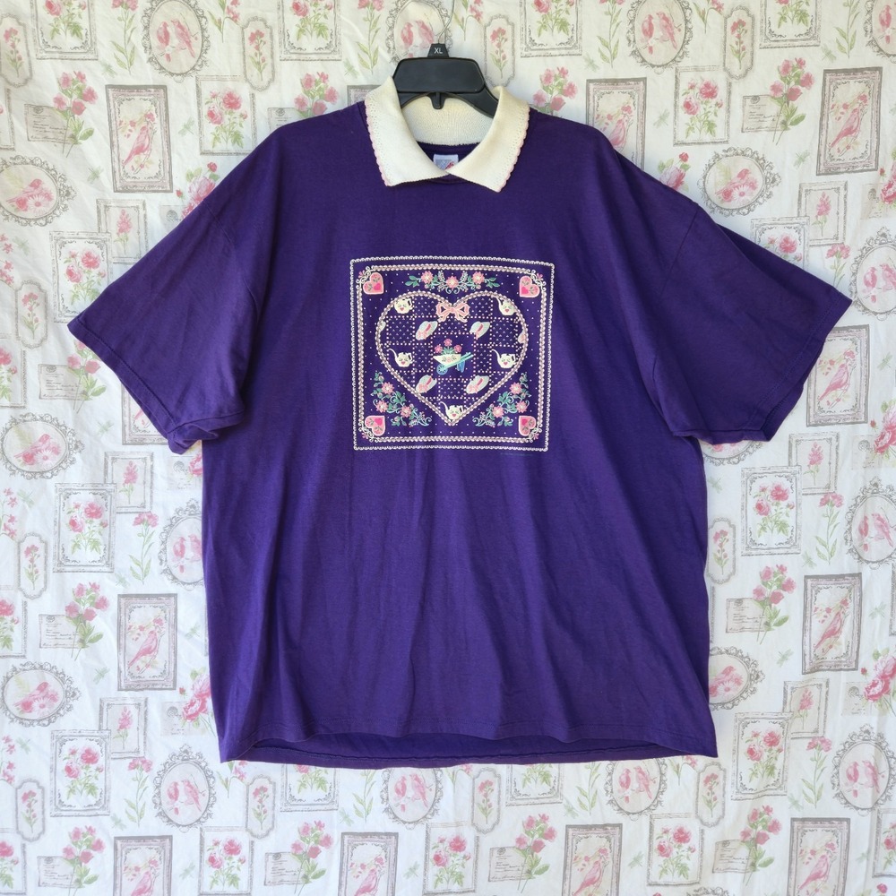 Vtg 90s Jerzees Collared Shirt 3X Purple Heart Floral Cottagecore USA Grandma T